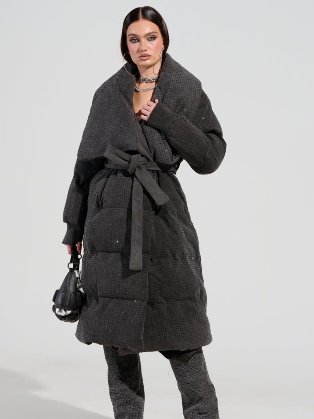 Akira Rhinestone Houdini Embellished Black Charcoal Maxi Puffer Coat